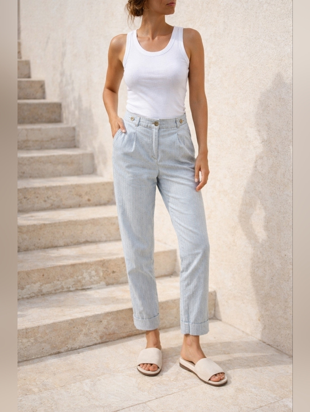 Weekend Max Mara Striped Cotton Pants Blue White Size 8 High Rise Ankle